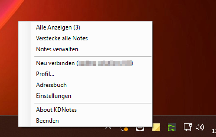 KDNotes Infobereich-Menü: Notizen anzeigen, verwalten, Adressbuch und Einstellungen